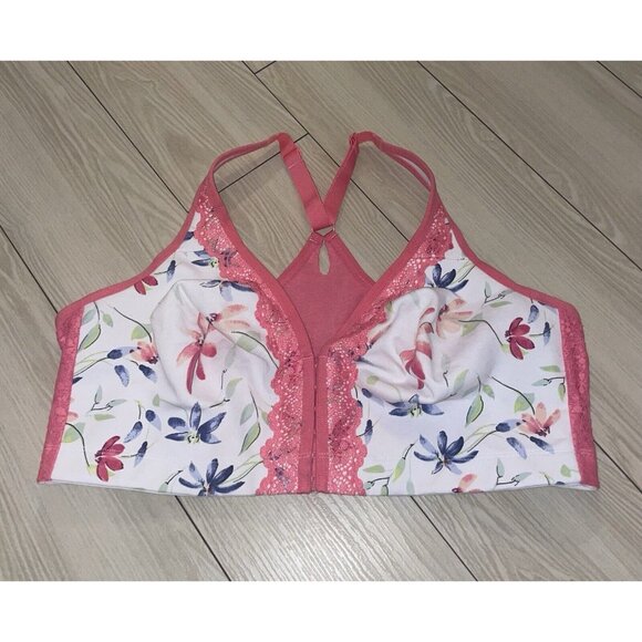 Cacique Unlined Full Coverage No Wire Bra Front Close Floral Womens 44D White - Picture 2 of 7